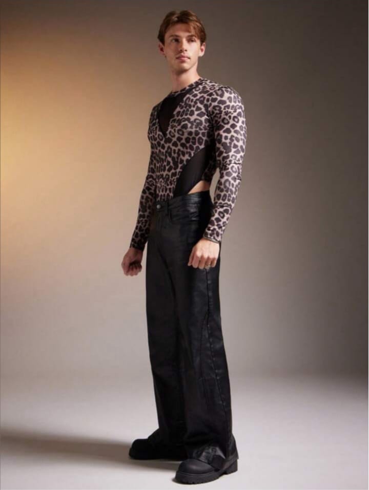 Men's Tight-Fitted Mesh Leopard Print Long Sleeve Bodysuit